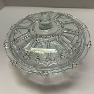 Vintage KIG Indonesia Glass Oyster Pearl Clear 7" Covered Candy Dish Bowl w/ Lid